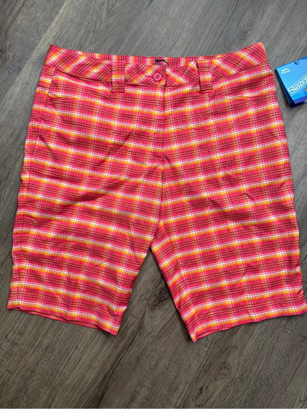 Slazenger Women's Pink and Orange Scrabo Plaid Hydro-Dri Shorts - Size 8